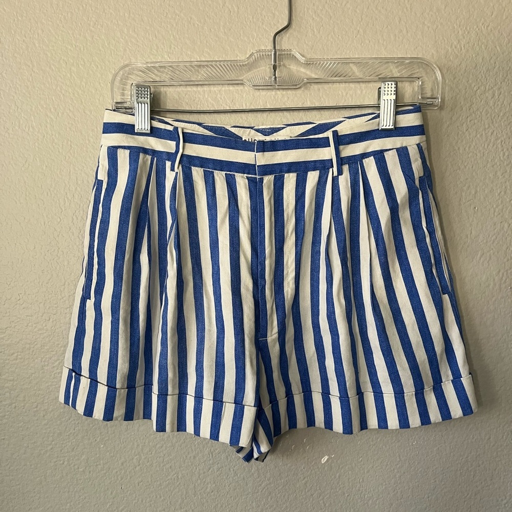 Alice + Olivia Blue and White Striped High-Waist Shorts